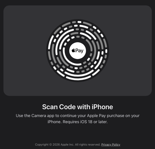 Apple Pay code (similar to a QR code) scanned with an iPhone or iPad to complete the payment